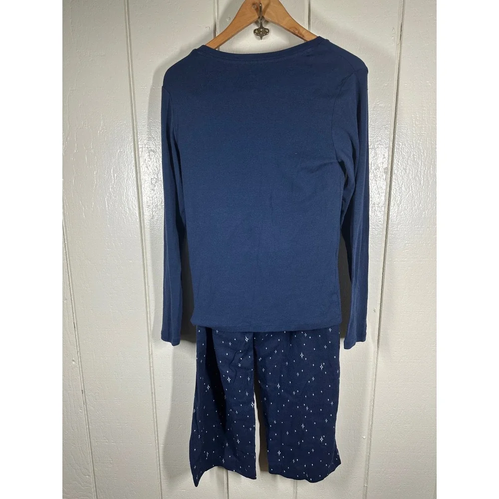 Gap Pajama Set Womens L Navy Blue Star Print V-Neck Long Sleeve 2 Piece PJ Set